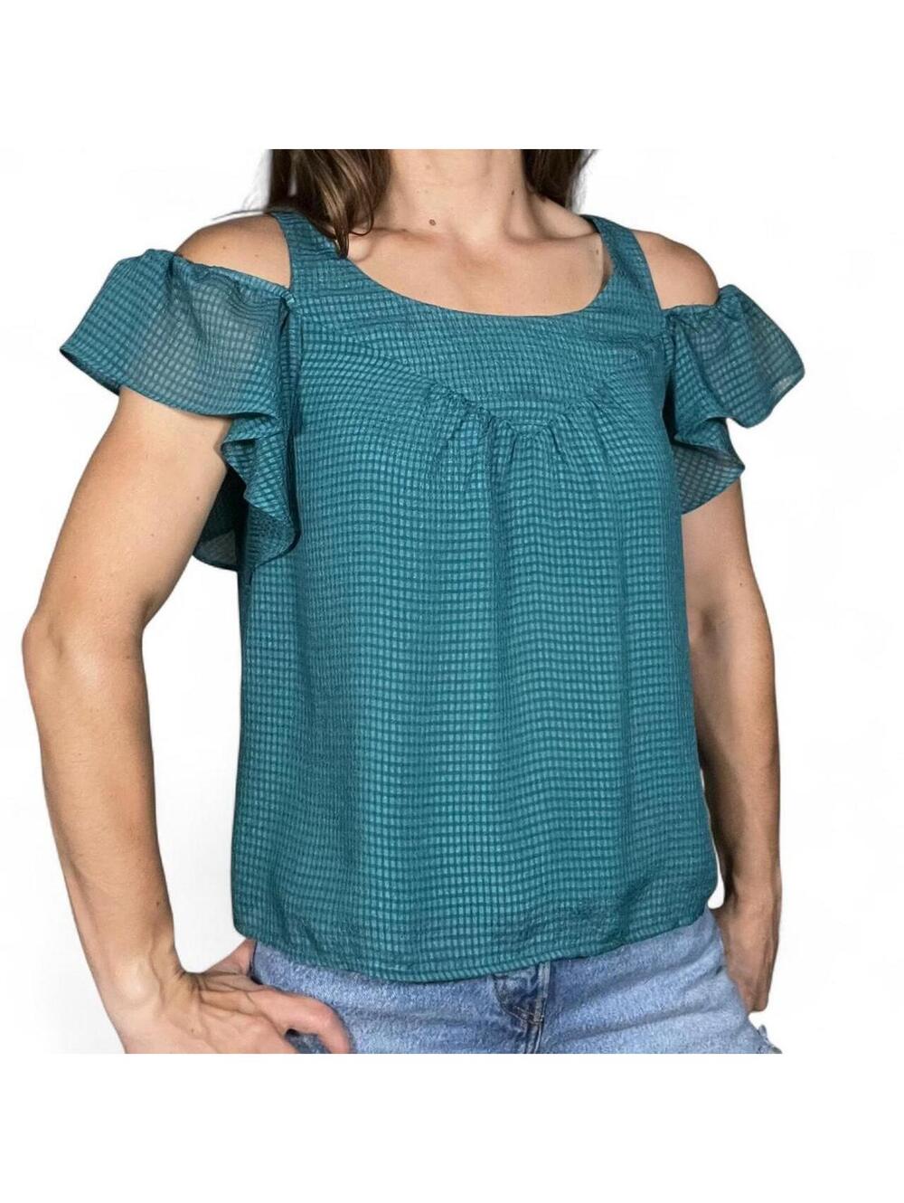Anthropologie Maeve Teal Gingham Off Shoulder Ruffle Top Women's Size 00P